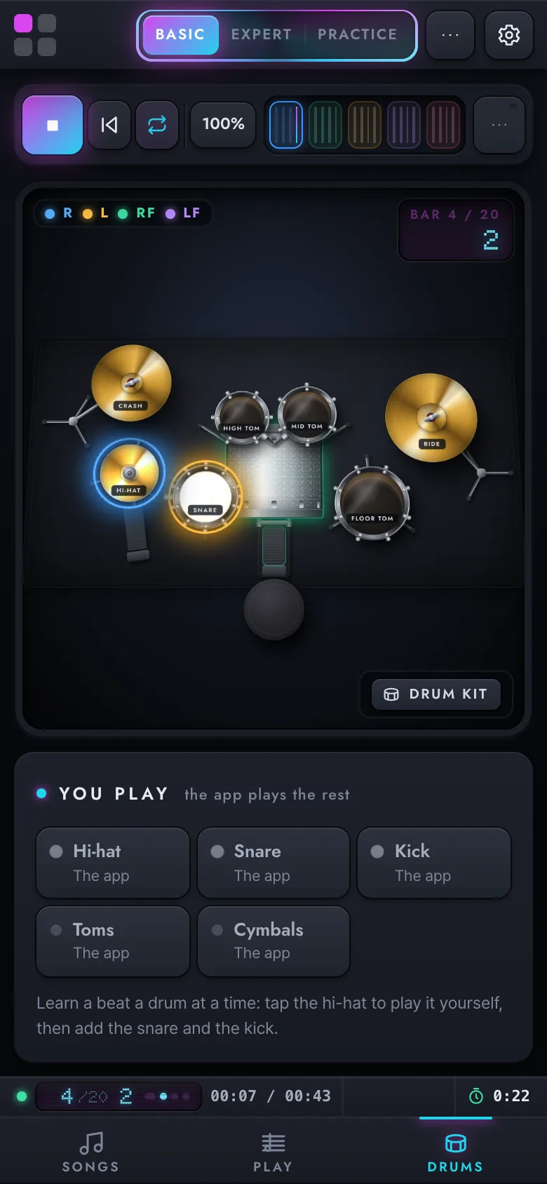 The Drums tab on a phone: the kit lighting the hi-hat, snare and kick as the song plays.