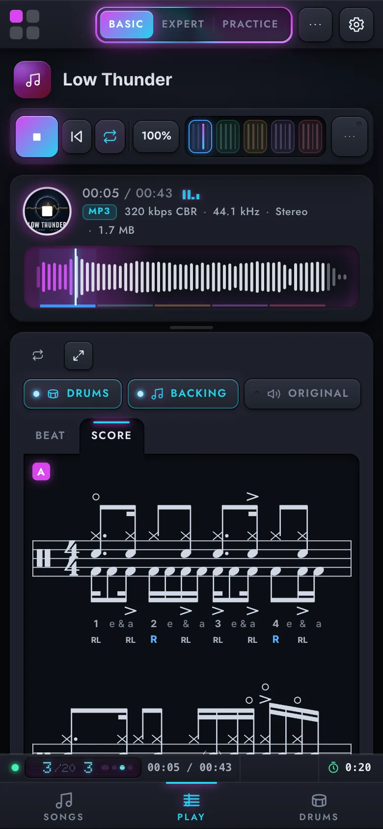 DrumFX on a phone: the song, its waveform and the score playing.