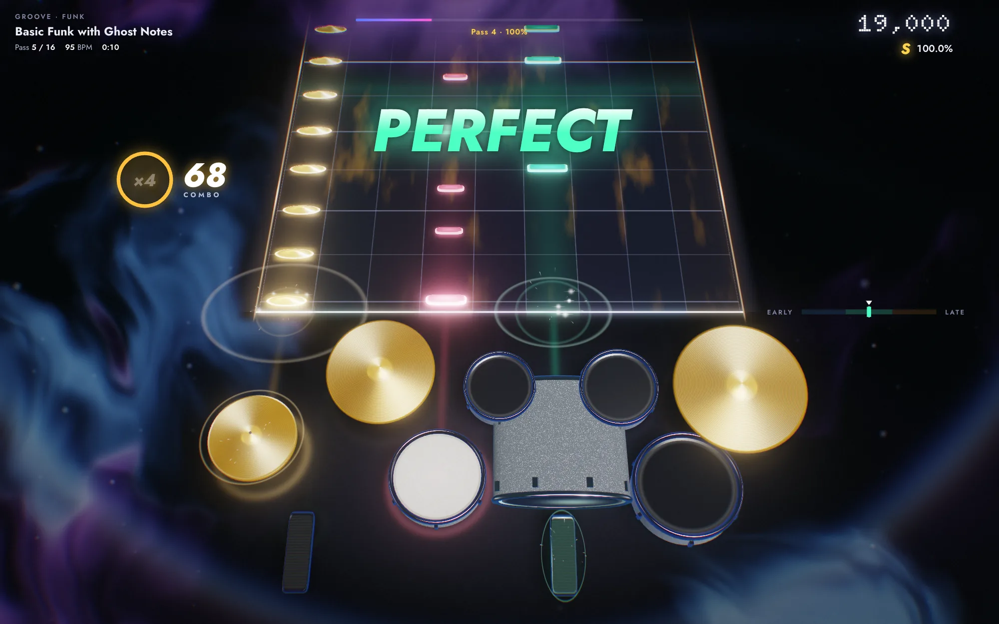 BeatFX mid-run: notes falling onto the drums of a 3D kit.