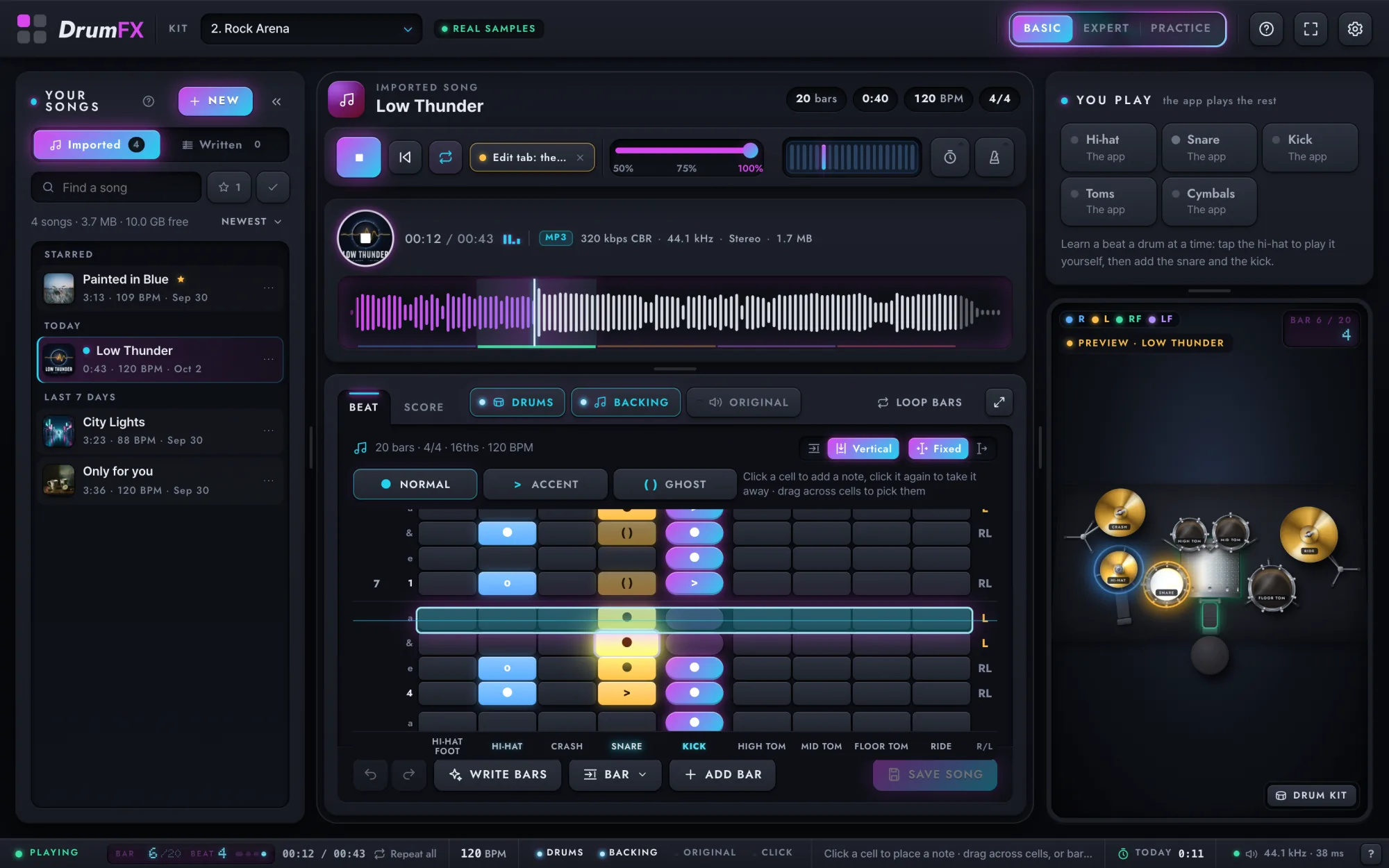 The step editor as a waterfall: the song's hits falling toward a glowing line, with the Normal, Accent and Ghost brushes above.
