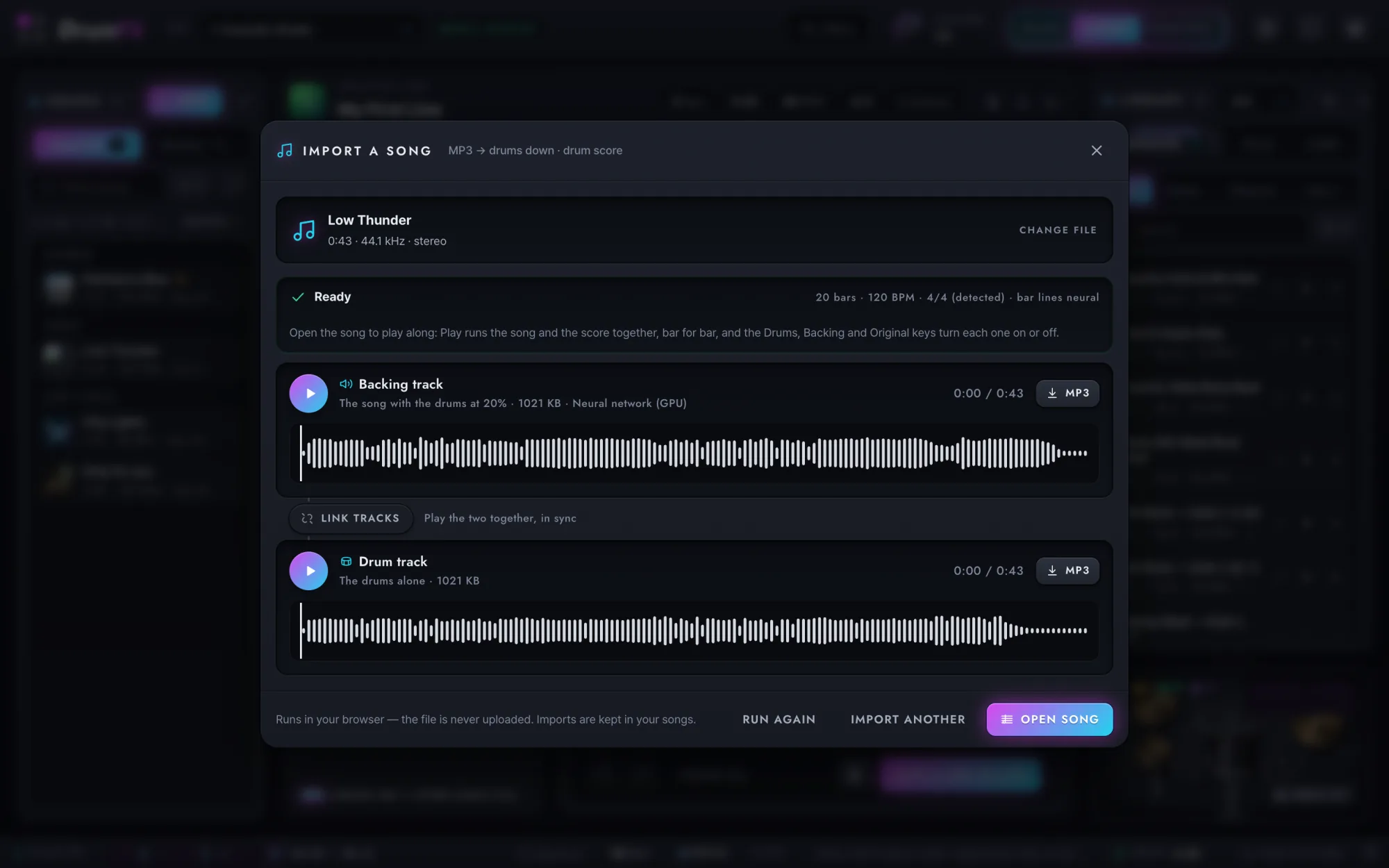 The import window after a song came in: its backing track with the drums turned down and the drum track on its own, each with a waveform.