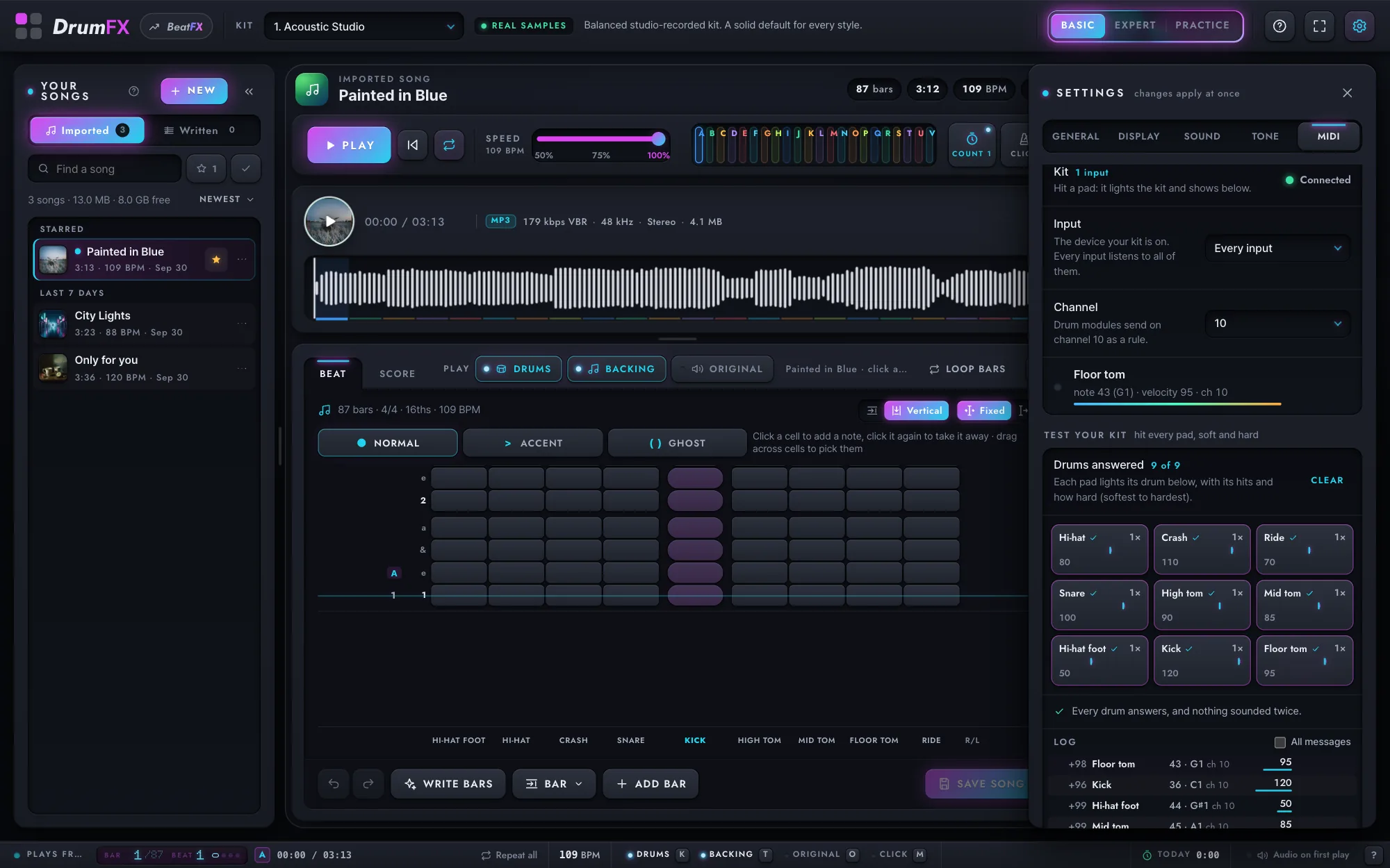 DrumFX's Settings → MIDI beside the song Painted in Blue: an electronic kit connected, and the kit test with all nine drums answered and how hard each was hit.