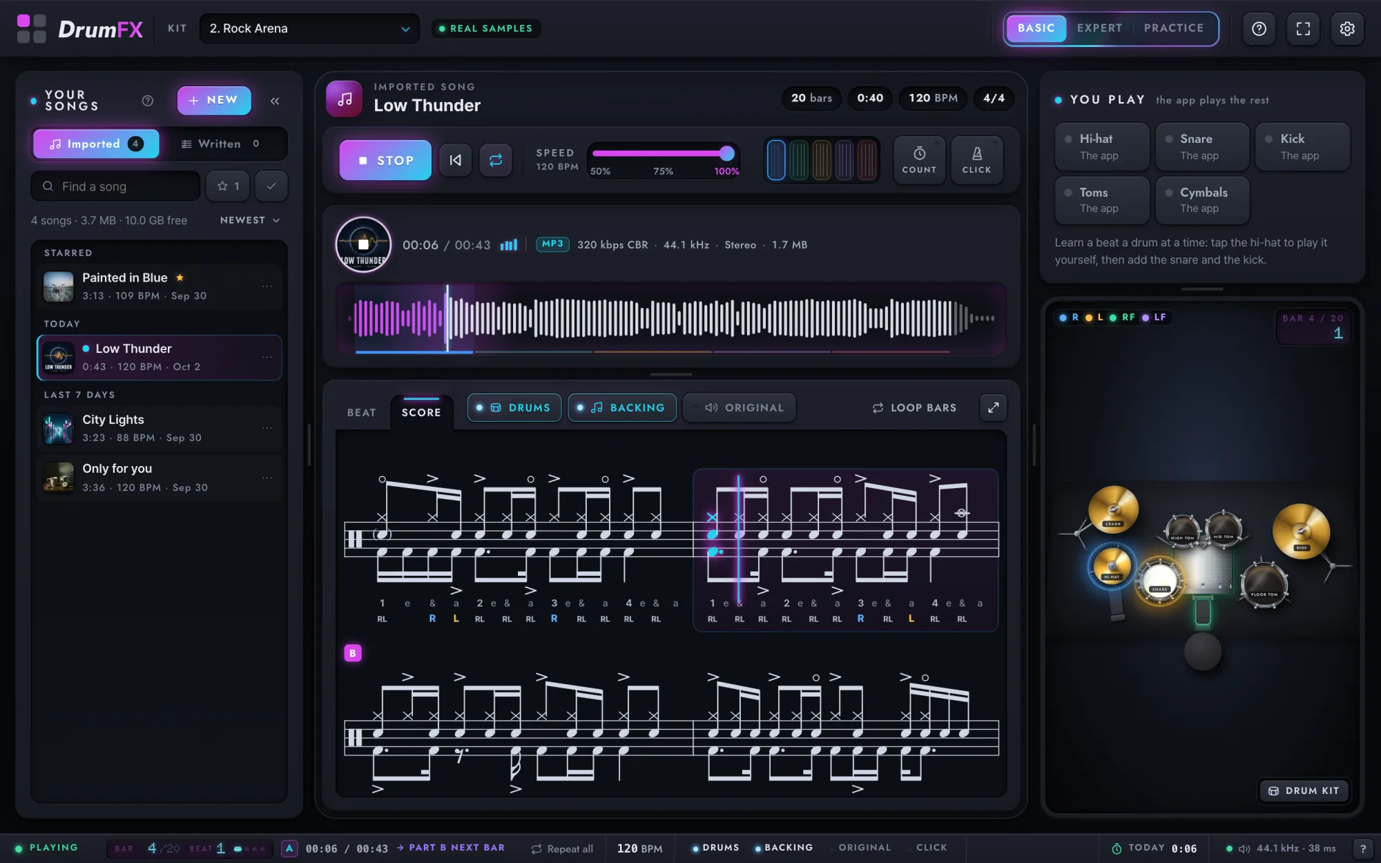 DrumFX playing the song Low Thunder: its waveform, the drum score with the cursor on the notes that play, and the kit lighting the hi-hat, snare and kick.